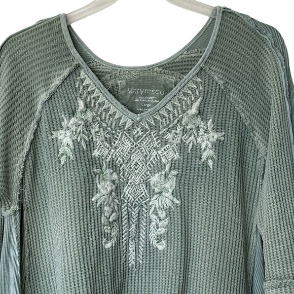 Karyn Seo sage green waffle knit Tunic embroidered boho tunic L - Picture 5 of 11